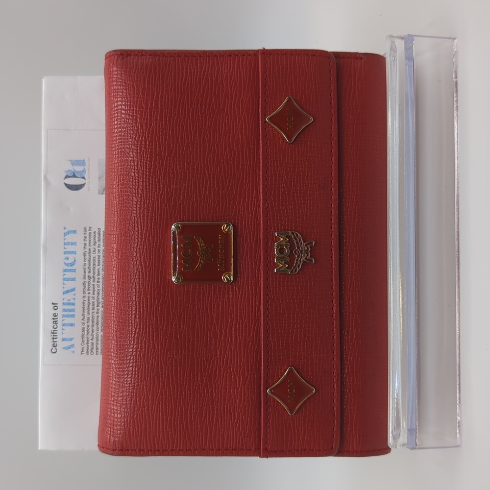 MCM Red Leather Trifold Wallet Visetos Studded Gold Hardware with COA No Charms